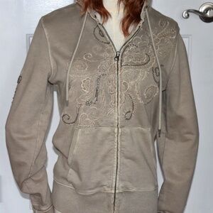 Share Rare Vintage Y2K Lucky Brand Taupe Embroidered Beaded Boho Zip Hoodie S